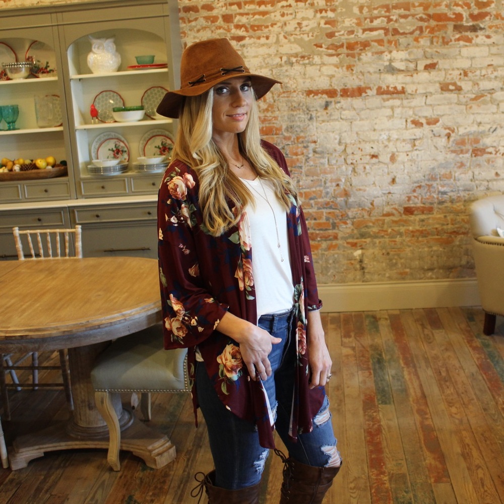 Burgundy floral knit cardigan